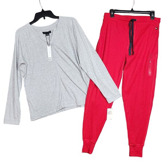 mixed Other - Pajama Set Small Long Sleeve top and Waffle Knit Jogger Style Pants Gray and Red